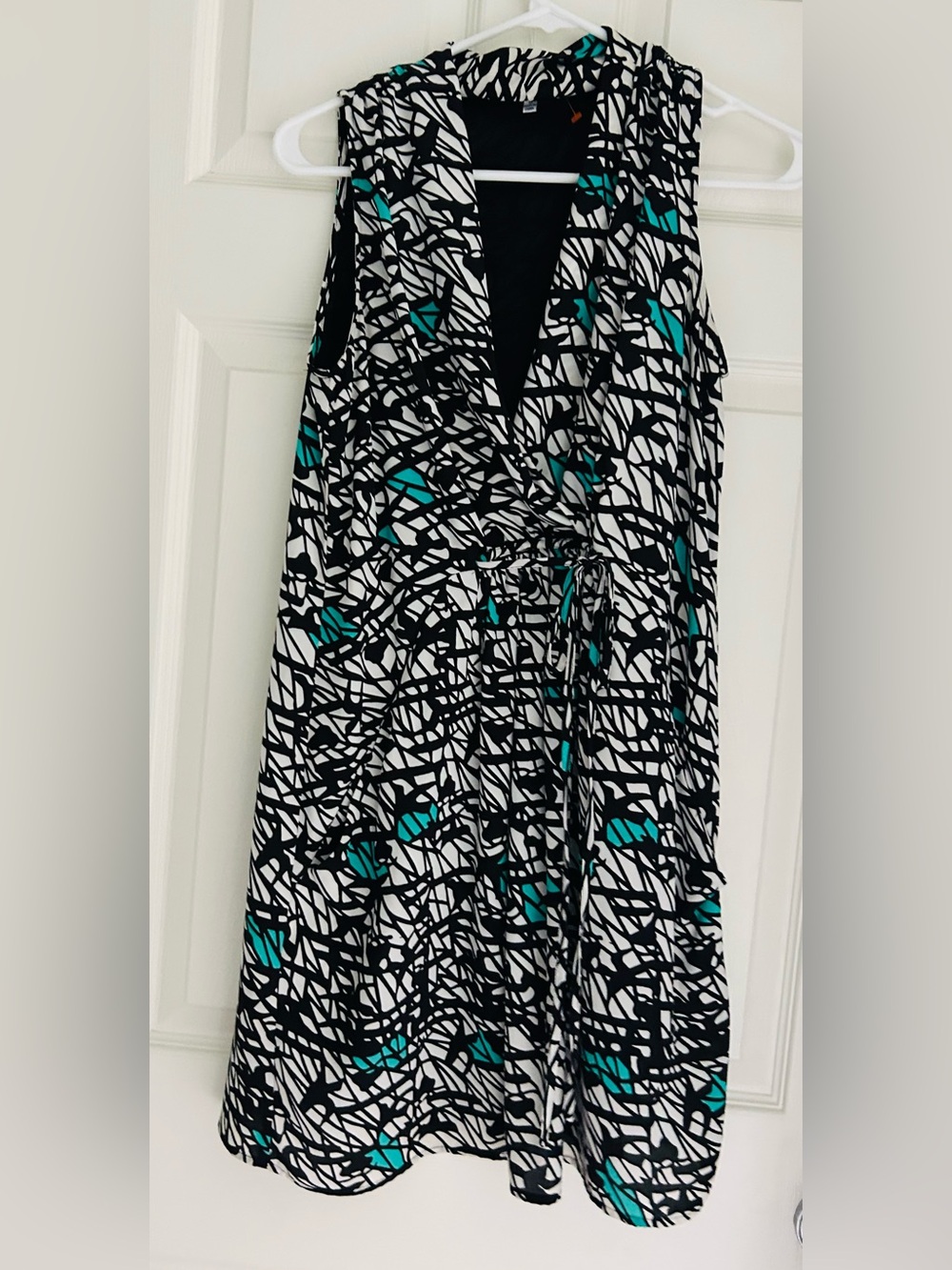 Sleeveless Wrap summer dress bold print black white teal